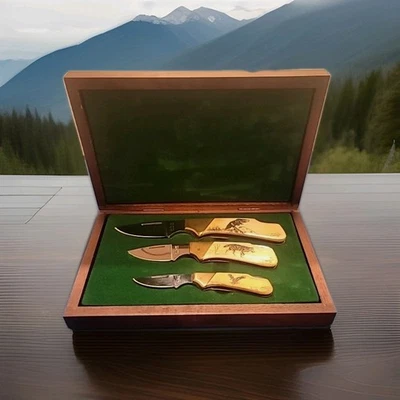 Vintage KERSHAW Scrimshaw Limited Edition Bear Wolf Eagle Knife Set, Walnut Box - Image 1 of 4