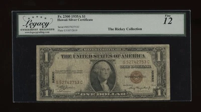 DBR 1935-A $1 Silver Hawaii SC Block Fr. 2300 Legacy 12 Serial S52742753C - Image 1 of 2