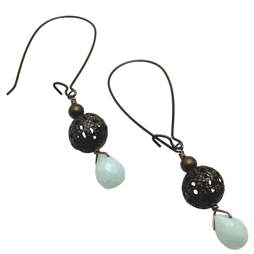 Pendientes de lágrima de bronce artesanales filigrana opaca aguamarina alambres largos Foto 1 de 4