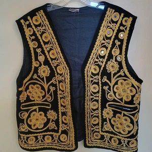 Vintage Hand-Embroidered Black Velvet Vest Gold Metallic Thread Festival Boho - Picture 1 of 8
