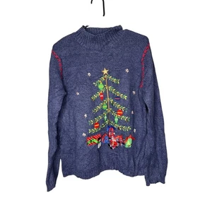 Women's Christmas Tree Embroidered Sweater Blue L Vintage Grandma Cozy Holiday - Picture 1 of 5