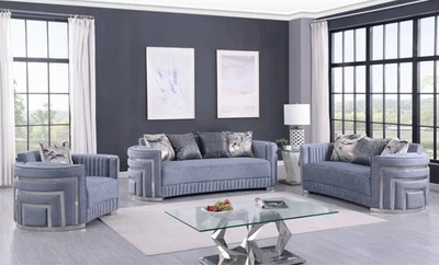 NUEVO 3 PIEZAS Gris Plata Sofá Silla Loveseat Terciopelo Contemporáneo Glamour Juego de Salón Foto 1 de 4