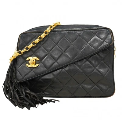 Bolsa de ombro 5oe5744 h CHANEL matelass franja corrente ombro pele de cordeiro ouro preto - Imagem 1 de 4
