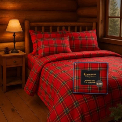 Juego de sábanas de franela Pendleton REINA rojo tartán a cuadros 100 % algodón turco nuevo en paquete raro  Foto 1 de 4