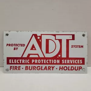 VTG ADT Security Fire Burglary Advertising Plaque Porcelain Sign 9"x4.5" Metal - Picture 1 of 2