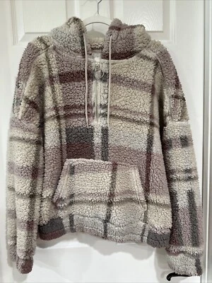 Reflex Women's LG 1/4 Zip Pullover Sherpa Style Hoodie Beige Pink Multi Plaid - Image 1 of 4