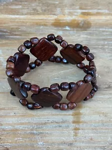 Vintage Wooden Bead Bracelet Cuff Stretchy Elastic - Picture 1 of 2
