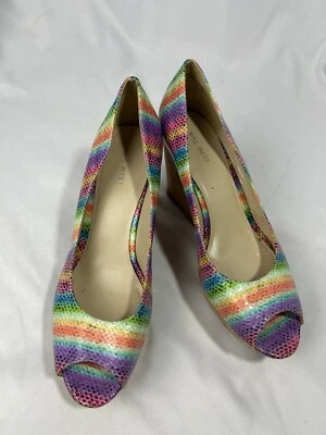 Nine West Cheerful Exotic Textured Rainbow Peep Toe Slip On Cork Wedges Size 10M - Image 1 of 4