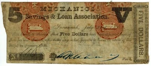 1862 $5 Mechanics Savings & Loan Savannah, GA. Reverse Overprint ☆☆ Obsolete  - Bild 1 von 2