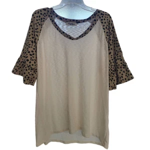 Haptics Cream with Cheetah Accents Short Sleeve Waffle Knit Shirt - 1X - Picture 1 of 2