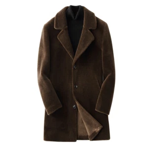 Men's Real Fur All-in-one Fur Coat Mid-length Sheep Suit Collar Single-breasted - Picture 1 of 12