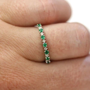 0.3 ctw Natural Green Emerald Diamond Solid 14k White Gold Alternating Ring 2 MM - Picture 1 of 8