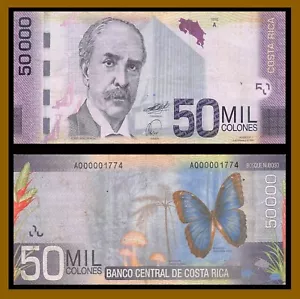 Costa Rica 50000 (50,000) Colones, 2009 P-279 4 Digit Serial 1774 Butterfly (VF) - Picture 1 of 1