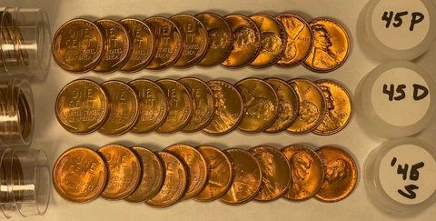 1945 P,D & S BU Uncirculated Lincoln Wheat Cent Rolls - 3 Nice Rolls! Cover