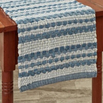 French Farmhouse Blue White Chindi Heavy Woven Cotton Country Table Runner - Image 1 of 2