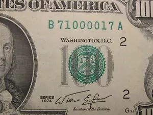 1974 $100 Radar Fancy Mid Zeros Serial #B71000017A - Picture 1 of 10