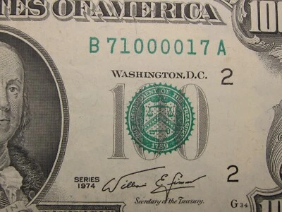1974 $100 Radar Fancy Mid Zeros Serial #B71000017A - Image 1 of 4