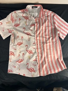 Camicia rosa e avorio tropicale vacanza con bottoni rosa fenicottero - Foto 1 di 3