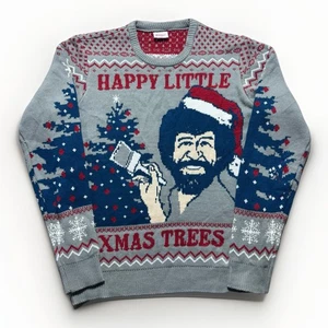 Bob Ross Ugly Christmas Sweater Happy Little Trees Men’s Large Gray & Red - Picture 1 of 8