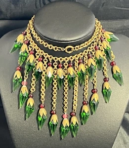 Vintage 30er Art Deco facettierte Glas Latz Halskette konisch Perlen grün Messing Metall - Bild 1 von 24