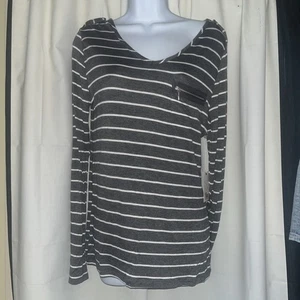 Langarmshirt Glitzer Gr. L anthrazit elfenbein gestreift - Bild 1 von 2