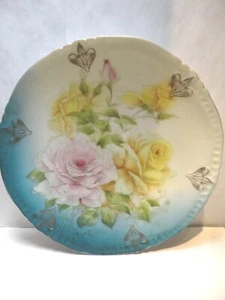 Raro Plato Decorativo Antiguo Alemán PT 1902-1915 Pintado a Mano Amarillo Rosa Rosas - Imagen 1 de 3