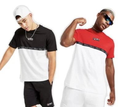 Fila Mens Short Sleeve Crew Neck Cotton Retro Tape T Shirt Jersey Top Tee New  - Image 1 of 4
