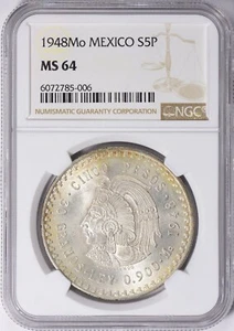 1948 Mexico Silver 5 Pesos Cuauhtemoc NGC MS64 - Picture 1 of 3