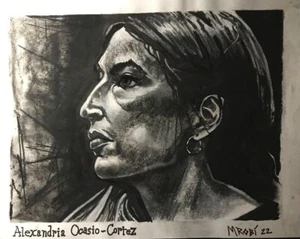 charcoal art drawing portrait of AOC Alexandria Ocasio Cortez by outsider Mark R - Picture 1 of 4