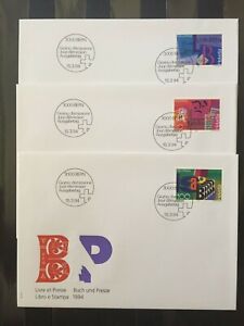 Enveloppes FDC timbres Suisse 1994. YT CH 1449/51. Le livre et la presse