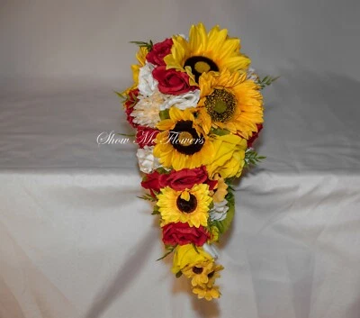  Fall Yellow Sunflower Red Rose Ivory White Cascade Bride Wedding Bouquet Silk  - Image 1 of 4