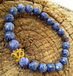 18 K Gold Om Ohm Celestial Blue Lapis Lazuli Healing Gemstone Beaded Bracelet - Picture 1 of 9