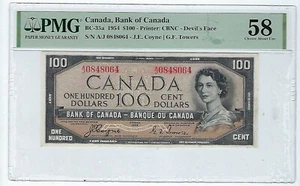 Bank of Canada 1954 $100 Devils Face BC-35a Coyne-Towers PMG 58 - Picture 1 of 2