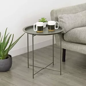 Side Table Tray Top Silver Round Metal Folding Portable Coffee Night Stand - Picture 1 of 7