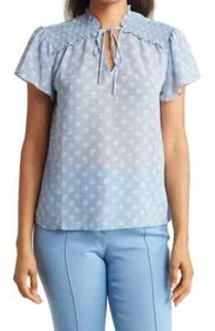 Everleigh $88 Tie Front Smocked Shoulder Light Blue Floral Blouse Size M NWT - Picture 1 of 3