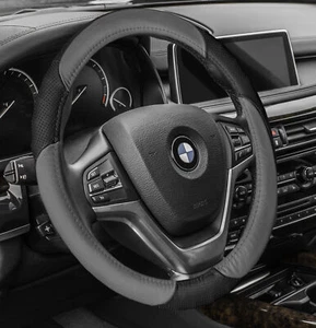 Cubierta de volante de cuero genuino perforado - gris negro se adapta a 14,5" - 15,5" - Imagen 1 de 4