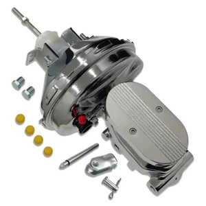 Chrome 9" Single Brake Booster w/ Brake Master Cylinder 3/8" Ports Finned Top - Picture 1 of 5