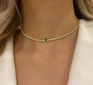 925 Silver 5.30CT Round Lab Grown Diamond/Emerald Choker Necklace For Bridal 16" - Picture 1 of 14
