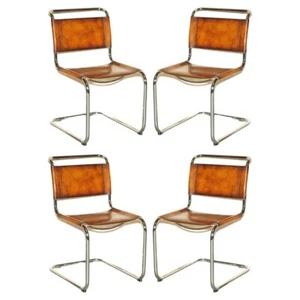 FOUR RESTORED VINTAGE BROWN LEATHER MARCEL BREUER B34 FASEM DINING ARMCHAIRS 4 - Picture 1 of 19