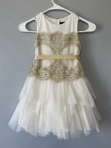 New Chantilly Place Girls Dress Cream Gold Lace Tulle Ribbon Sleeveless Size 5 - Picture 1 of 11