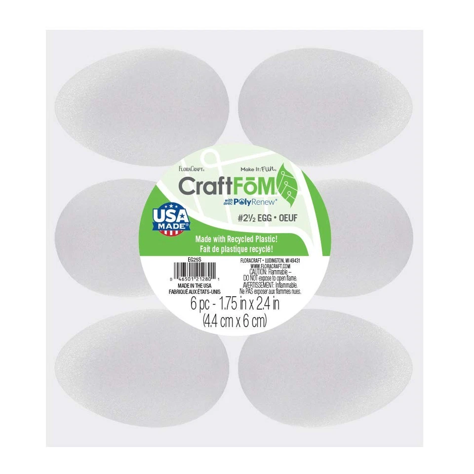 FloraCraft Styrofoam Eggs, 2 1//2-Inch-by-1 7/8-Inch Egg, Hen, 6 Per Package - Image 1 of 1