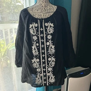 Charter Club Linen Beaded Paisley Embellished Tunic Blouse Black Long Large Boho - Picture 1 of 7