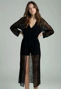 Maxi Cárdigan Chaqueta Plumero Lola P Negro Transparente Malla Lentejuelas Remolinos Gótico S Noche - Imagen 1 de 15