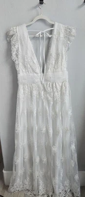 Soleblu Women’s White Lace Maxi Dress 1XL – V-Neck Flutter Sleeve Boho Bridal - Image 1 of 4