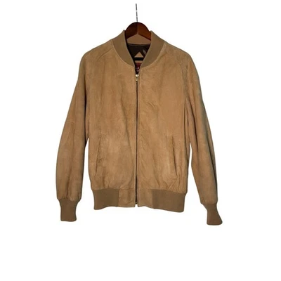 Jos A Banks Suede Leather Jacket Mens Medium Caramel Brown Full Zip Lined Bomber - Image 1 of 4