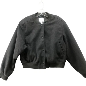 H&M Giacca Bomber Feltro Donna M Grigio Scuro Sciolto Relaxed Fit Bottone a Scatto - Foto 1 di 9