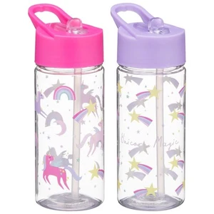 2 Stück Kinder Trinkflasche mit aufklappbarer Strohhalmflasche mit Griff - Lila/Rosa - Bild 1 von 8