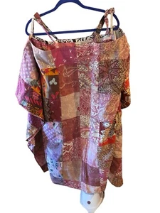 Abito midi Jaded Gypsy nuovo con etichette Kantha patchwork spalle fredde rosa malva marrone - Foto 1 di 4