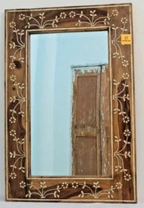 WOOD BONE INLAY HOME DECORATIVE BROWN MIRROR FRAME IN FLORAL DESIGN - Picture 1 of 6