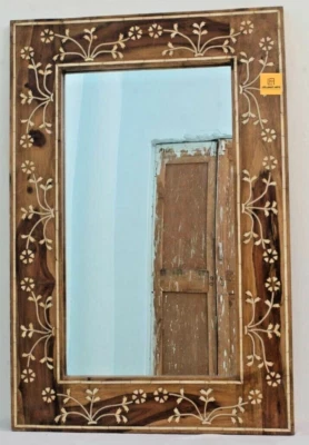 WOOD BONE INLAY HOME DECORATIVE BROWN MIRROR FRAME IN FLORAL DESIGN - Image 1 of 4